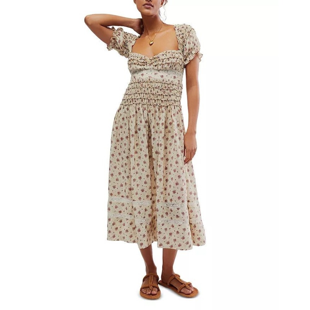 Free People Bali Juniper Dress Cream Floral Smocked Lace Midi Size 8